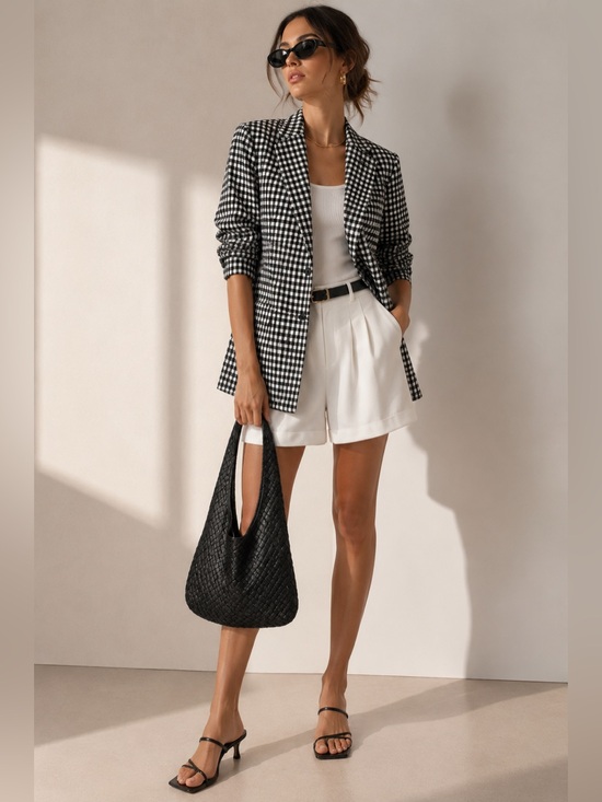 CIRCOLO Jackets & Blazers - CIRCOLO 1901 Black White Check Blazer Italian Knit Jacket Gingham Stretch Tailor